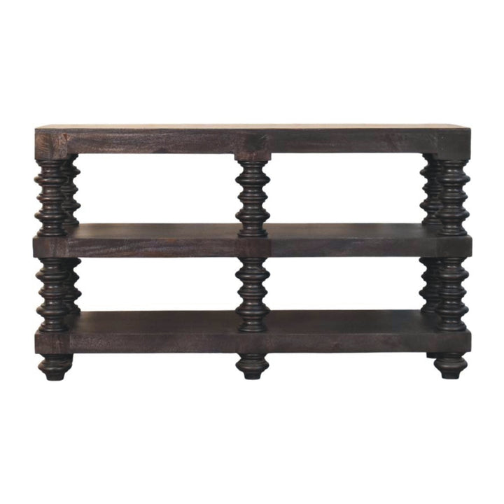 Chocolate Brown Lacquered Carbon Ash Solid Mango Wood Spindle Console with 3 Shelves