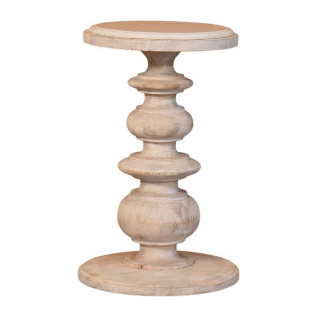 Brown Off-White Oak Veneer Solid Mango Wood Bellis Marble Side Table with Carved Base