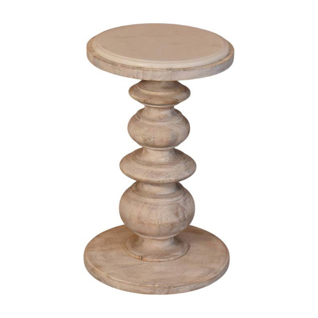 Brown Off-White Oak Veneer Solid Mango Wood Bellis Marble Side Table with Carved Base