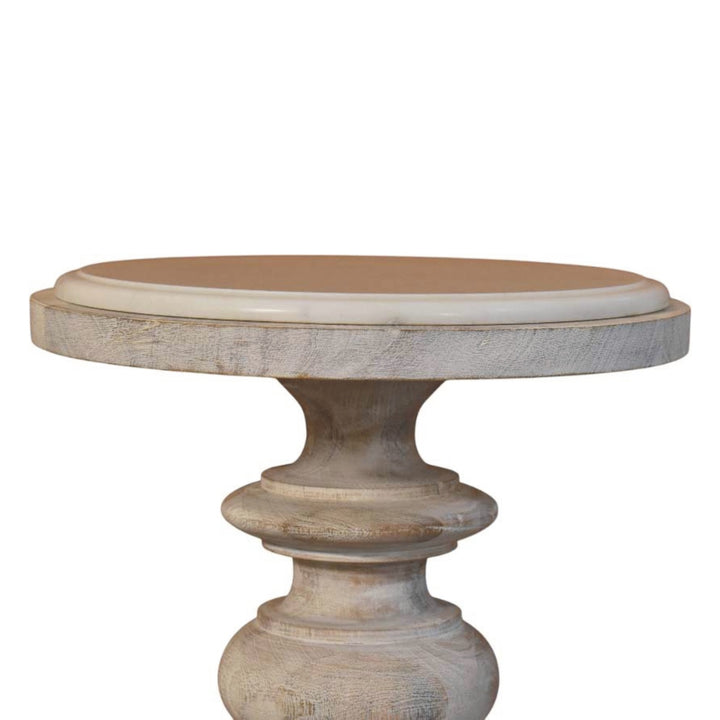 Brown Off-White Oak Veneer Solid Mango Wood Bellis Marble Side Table with Carved Base