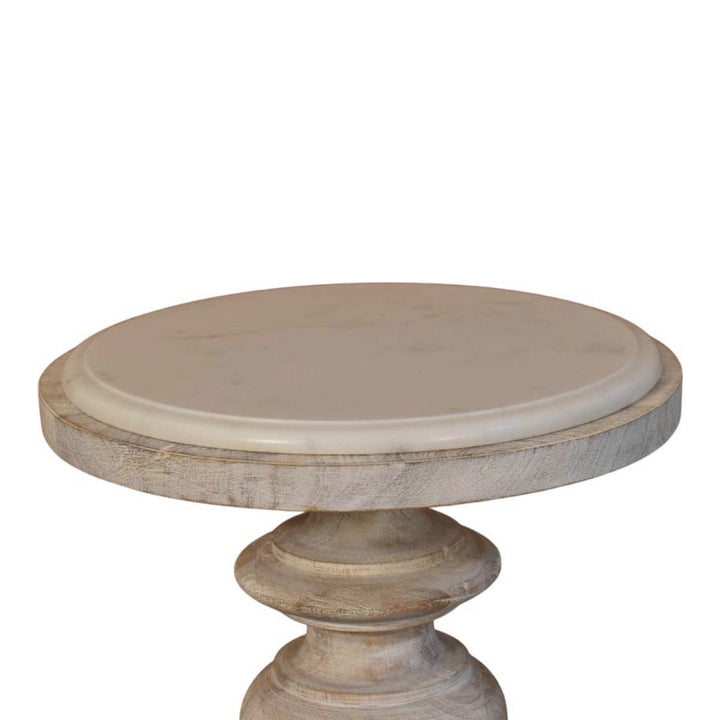 Brown Off-White Oak Veneer Solid Mango Wood Bellis Marble Side Table with Carved Base