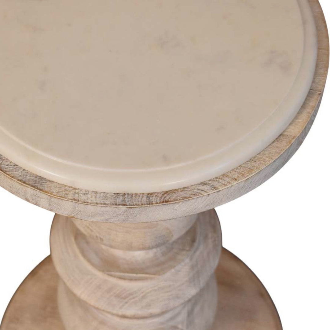 Brown Off-White Oak Veneer Solid Mango Wood Bellis Marble Side Table with Carved Base
