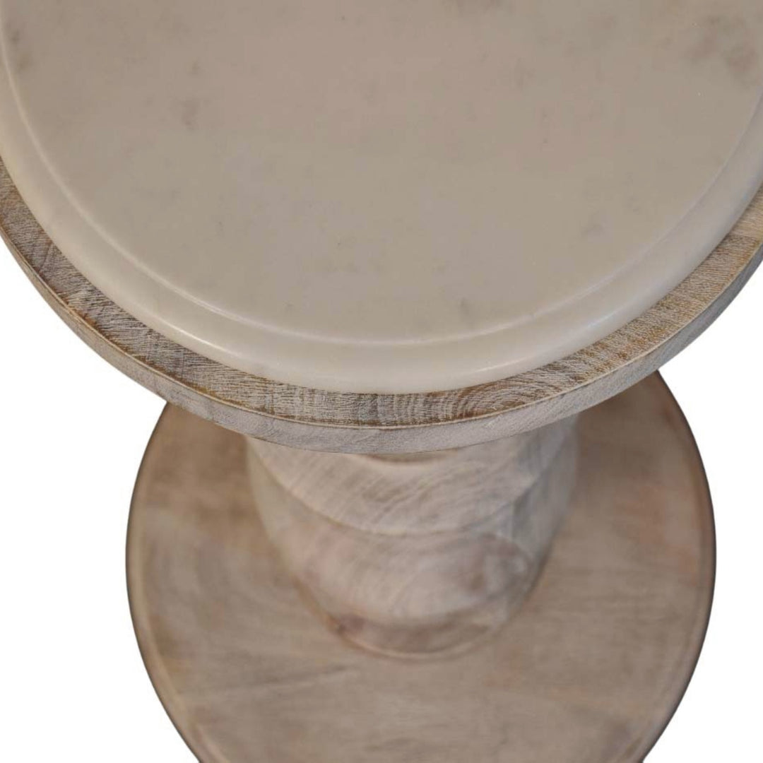 Brown Off-White Oak Veneer Solid Mango Wood Bellis Marble Side Table with Carved Base