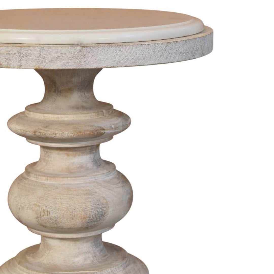 Brown Off-White Oak Veneer Solid Mango Wood Bellis Marble Side Table with Carved Base