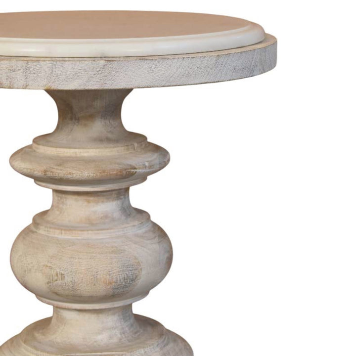 Brown Off-White Oak Veneer Solid Mango Wood Bellis Marble Side Table with Carved Base