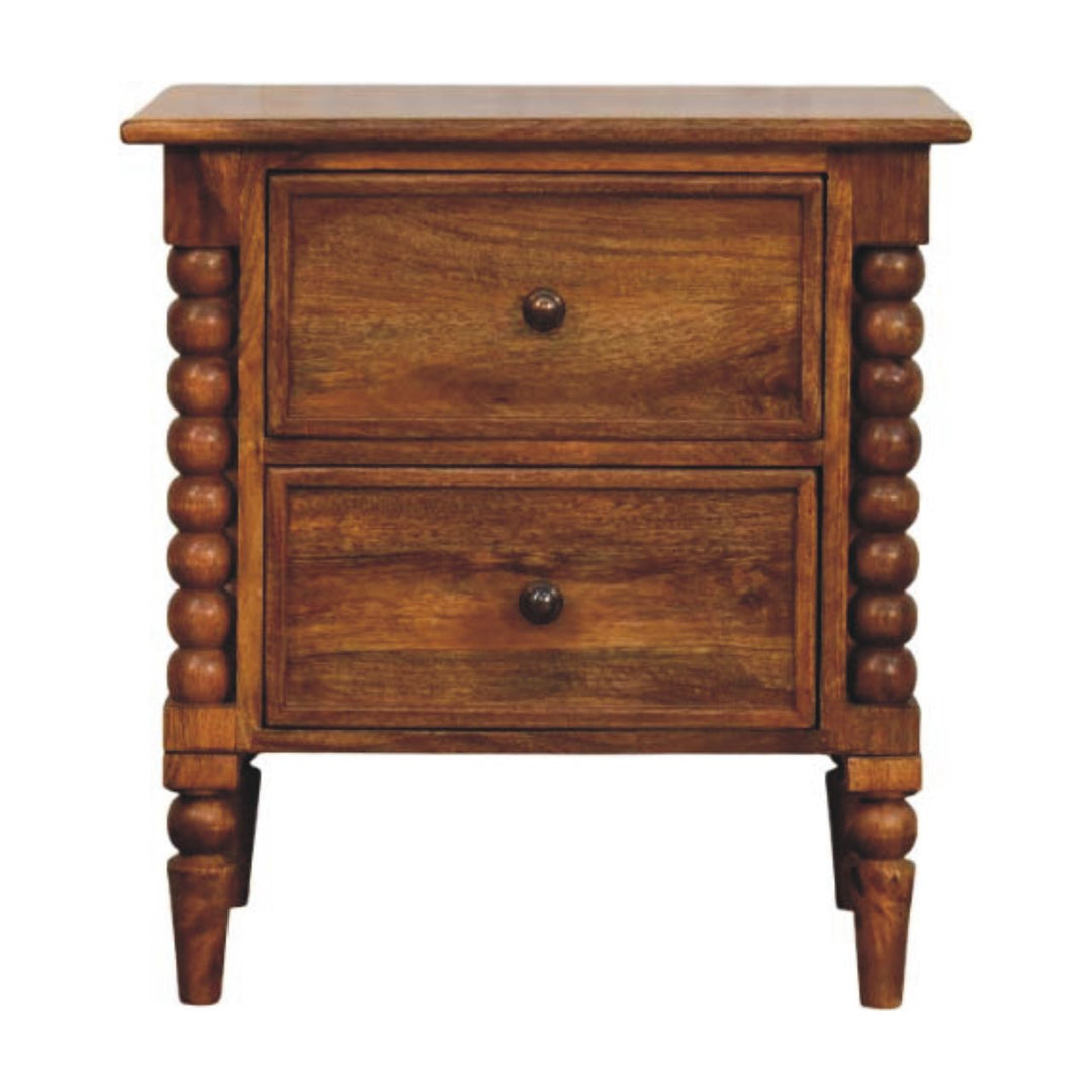 Solid Mango Wood Amber Oak Nightstand with 2 Drawers, Turned Legs & Vintage Side Columns | Amber Oak Finish | 55 x 40 x 60 cm