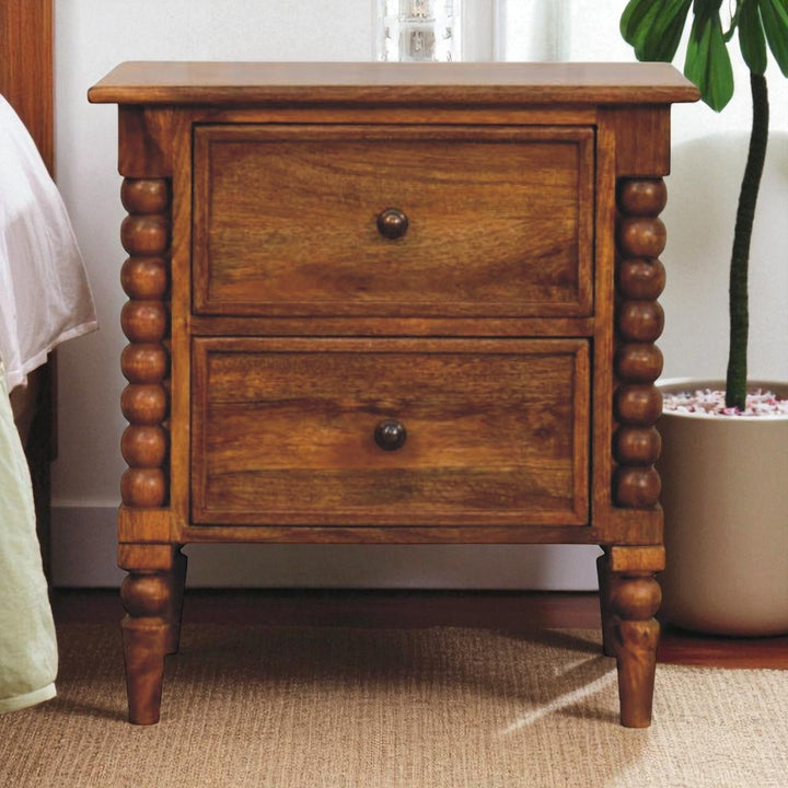 Solid Mango Wood Amber Oak Nightstand with 2 Drawers, Turned Legs & Vintage Side Columns | Amber Oak Finish | 55 x 40 x 60 cm