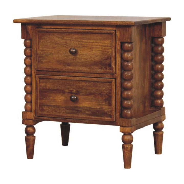 Solid Mango Wood Amber Oak Nightstand with 2 Drawers, Turned Legs & Vintage Side Columns | Amber Oak Finish | 55 x 40 x 60 cm