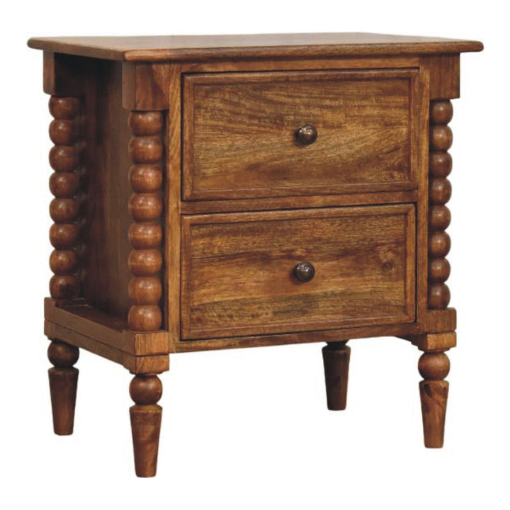 Solid Mango Wood Amber Oak Nightstand with 2 Drawers, Turned Legs & Vintage Side Columns | Amber Oak Finish | 55 x 40 x 60 cm