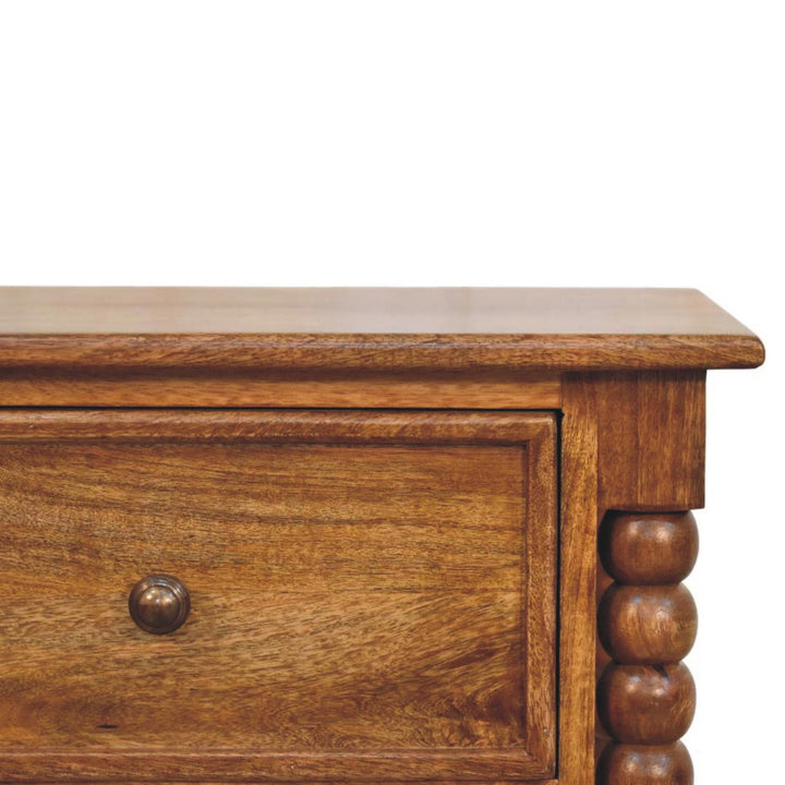 Solid Mango Wood Amber Oak Nightstand with 2 Drawers, Turned Legs & Vintage Side Columns | Amber Oak Finish | 55 x 40 x 60 cm