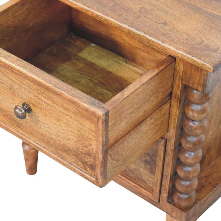 Solid Mango Wood Amber Oak Nightstand with 2 Drawers, Turned Legs & Vintage Side Columns | Amber Oak Finish | 55 x 40 x 60 cm