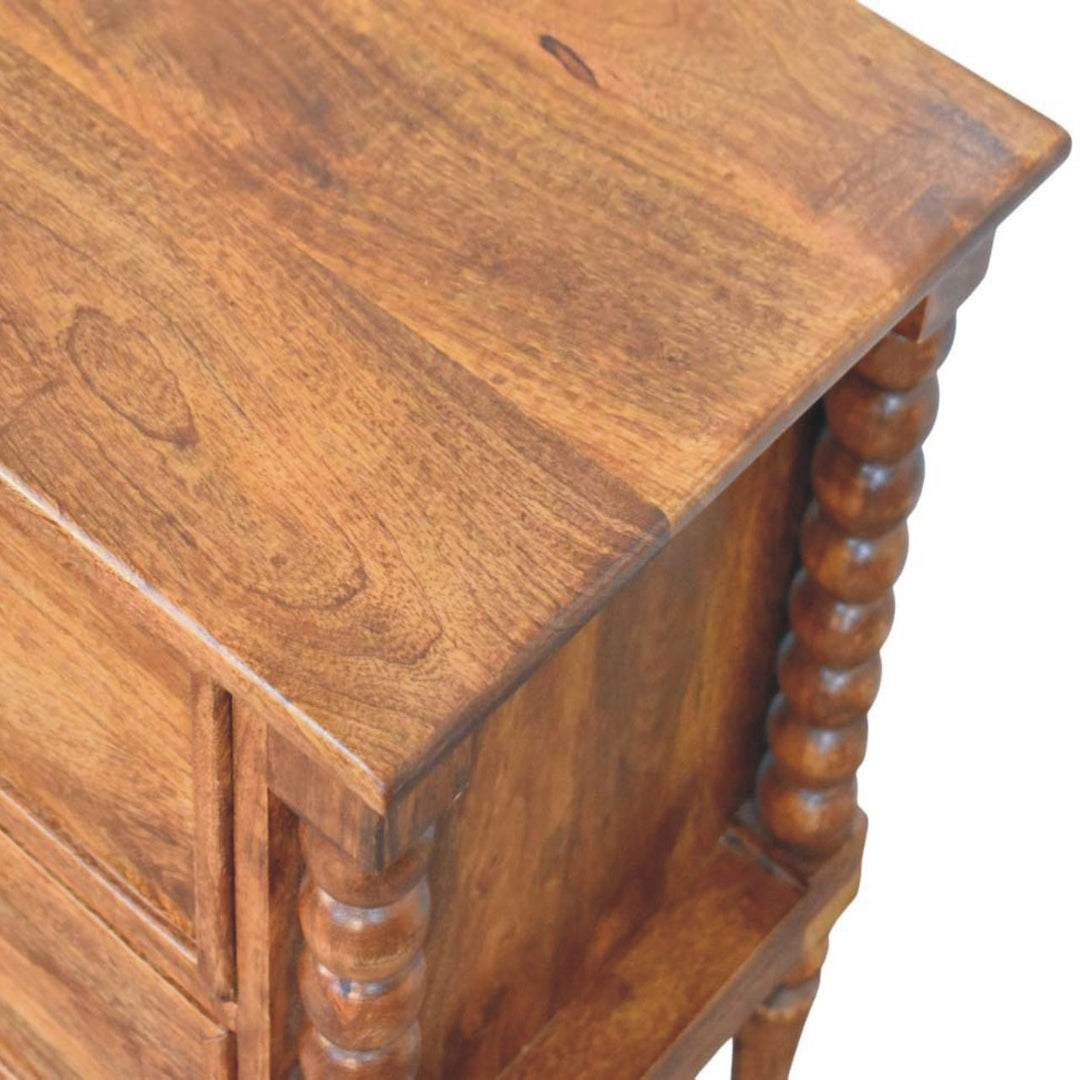 Solid Mango Wood Amber Oak Nightstand with 2 Drawers, Turned Legs & Vintage Side Columns | Amber Oak Finish | 55 x 40 x 60 cm