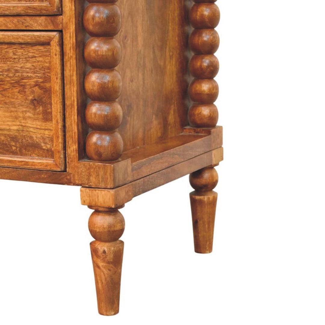 Solid Mango Wood Amber Oak Nightstand with 2 Drawers, Turned Legs & Vintage Side Columns | Amber Oak Finish | 55 x 40 x 60 cm