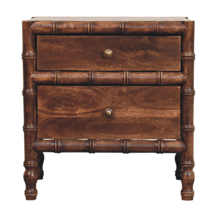 Brown Lacquered Toasted Almond Solid Mango Wood Bamboo Bedside Table with Turned Legs & Brass Handles