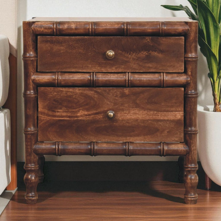 Brown Lacquered Toasted Almond Solid Mango Wood Bamboo Bedside Table with Turned Legs & Brass Handles