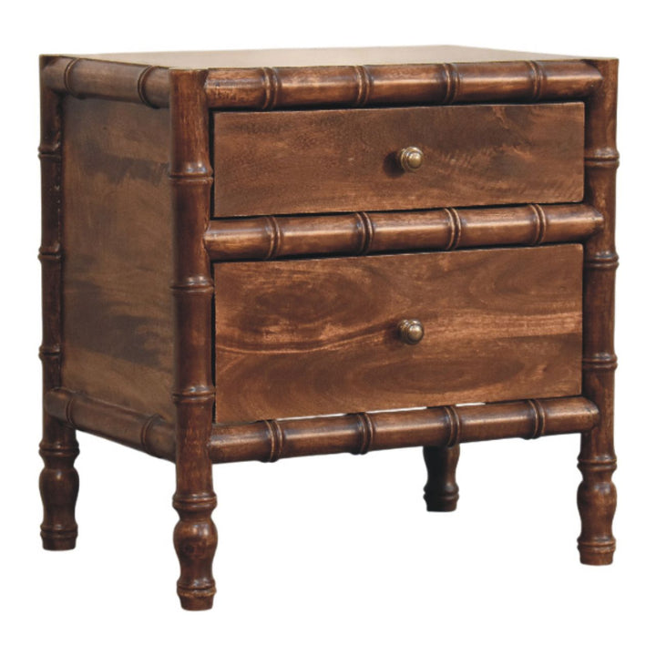 Brown Lacquered Toasted Almond Solid Mango Wood Bamboo Bedside Table with Turned Legs & Brass Handles