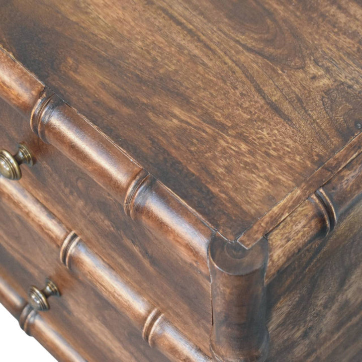 Brown Lacquered Toasted Almond Solid Mango Wood Bamboo Bedside Table with Turned Legs & Brass Handles