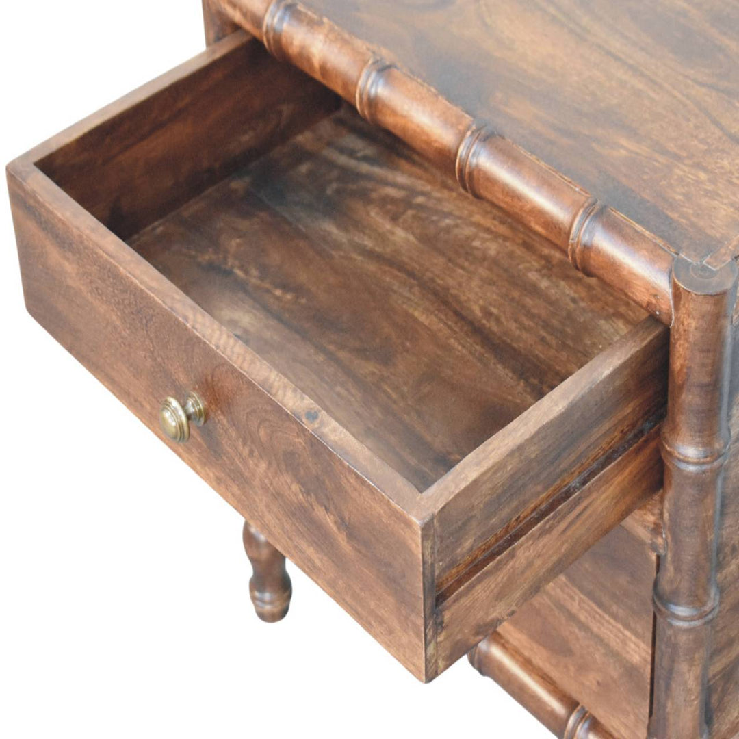 Brown Lacquered Toasted Almond Solid Mango Wood Bamboo Bedside Table with Turned Legs & Brass Handles