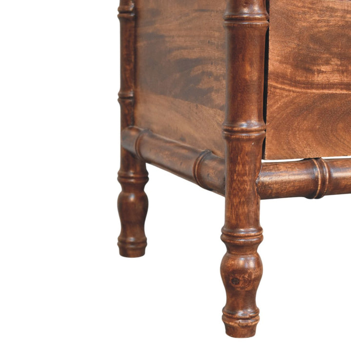 Brown Lacquered Toasted Almond Solid Mango Wood Bamboo Bedside Table with Turned Legs & Brass Handles