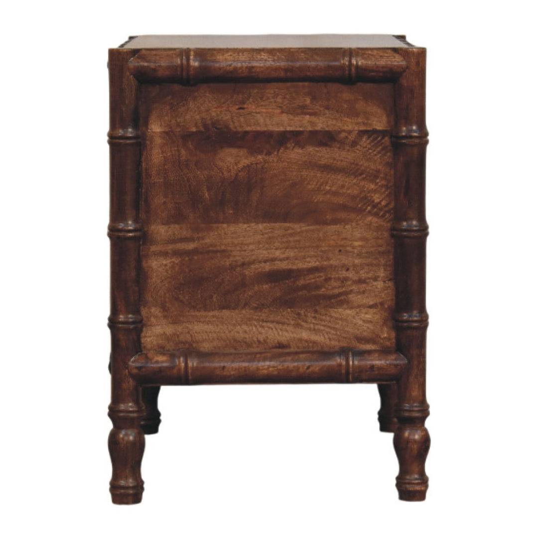 Brown Lacquered Toasted Almond Solid Mango Wood Bamboo Bedside Table with Turned Legs & Brass Handles