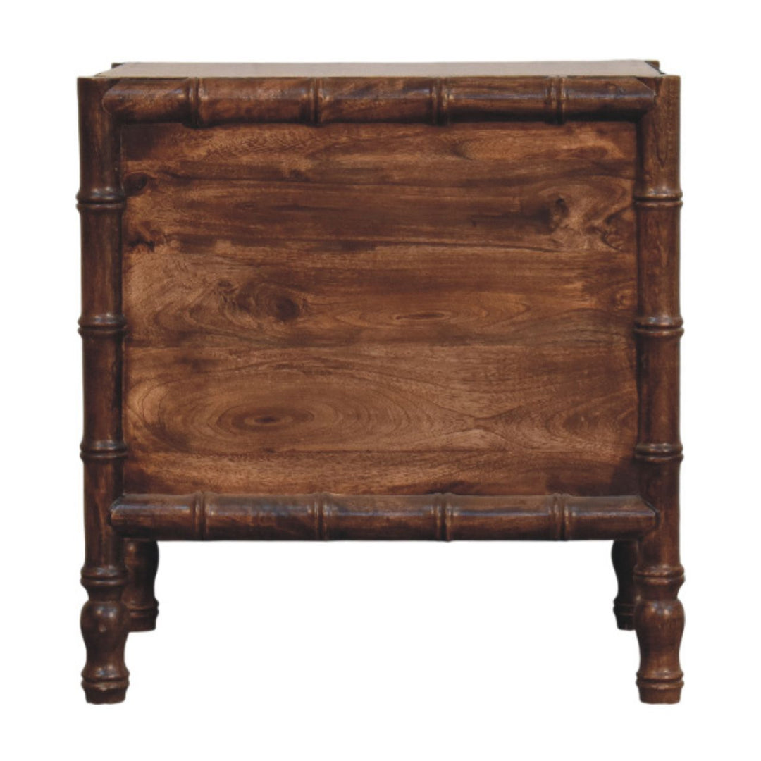 Brown Lacquered Toasted Almond Solid Mango Wood Bamboo Bedside Table with Turned Legs & Brass Handles