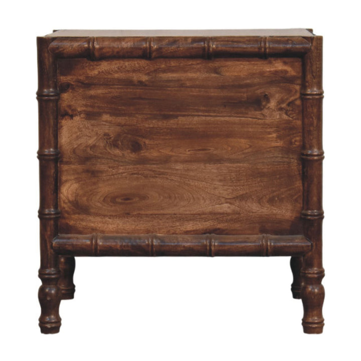 Brown Lacquered Toasted Almond Solid Mango Wood Bamboo Bedside Table with Turned Legs & Brass Handles