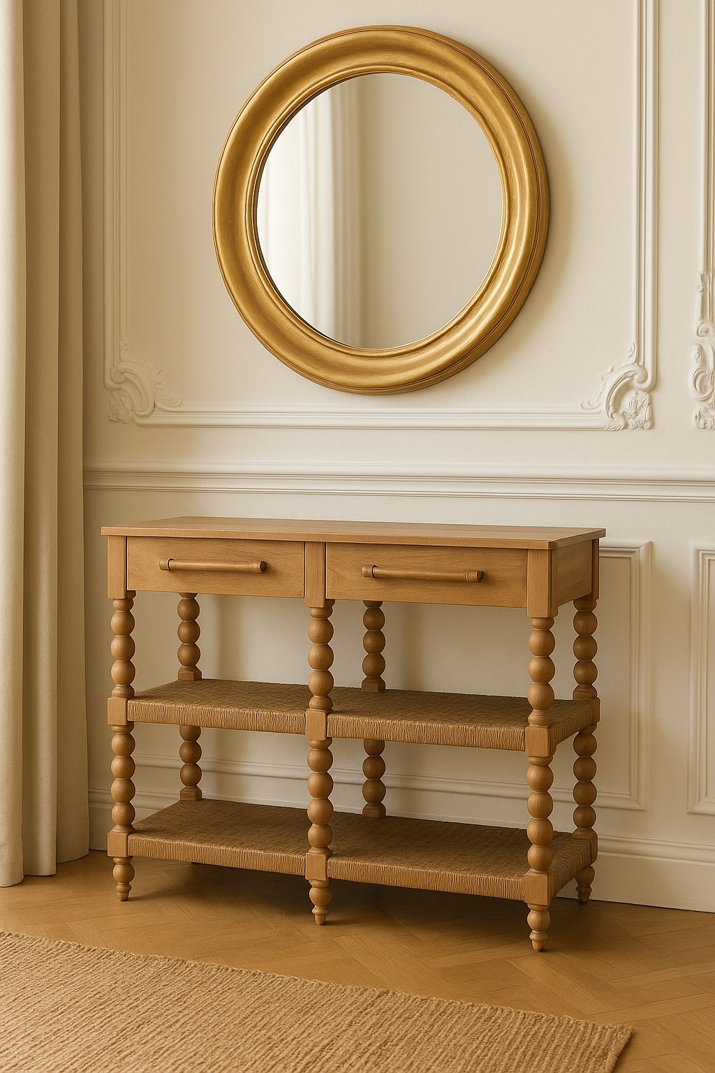 Brown Lacquered Stone Driftwood Solid Mango Wood Savoy Console with Woven Jute Shelves