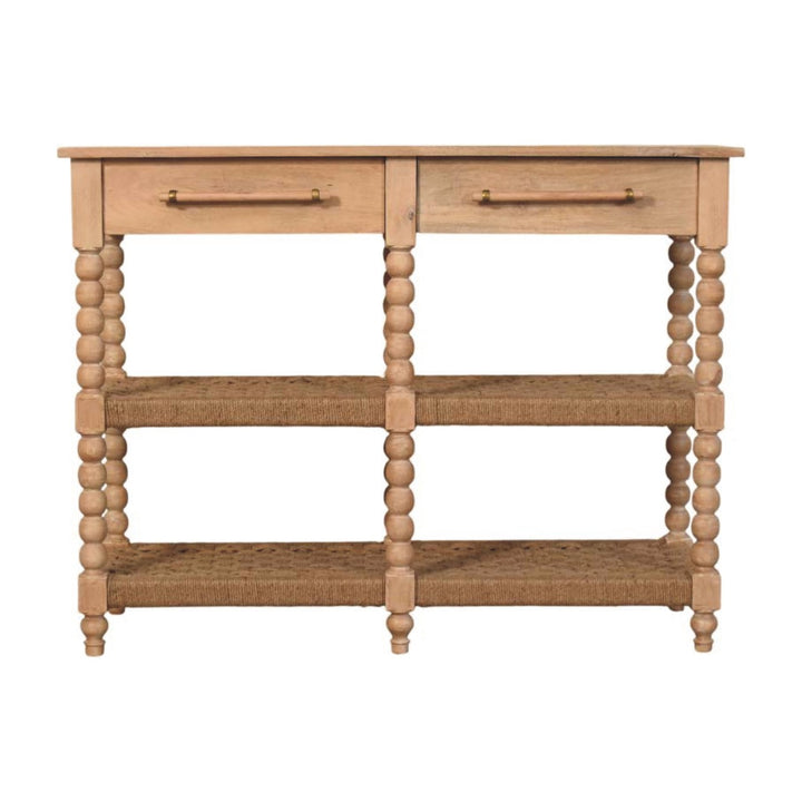 Brown Lacquered Stone Driftwood Solid Mango Wood Savoy Console with Woven Jute Shelves