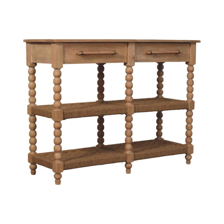 Brown Lacquered Stone Driftwood Solid Mango Wood Savoy Console with Woven Jute Shelves