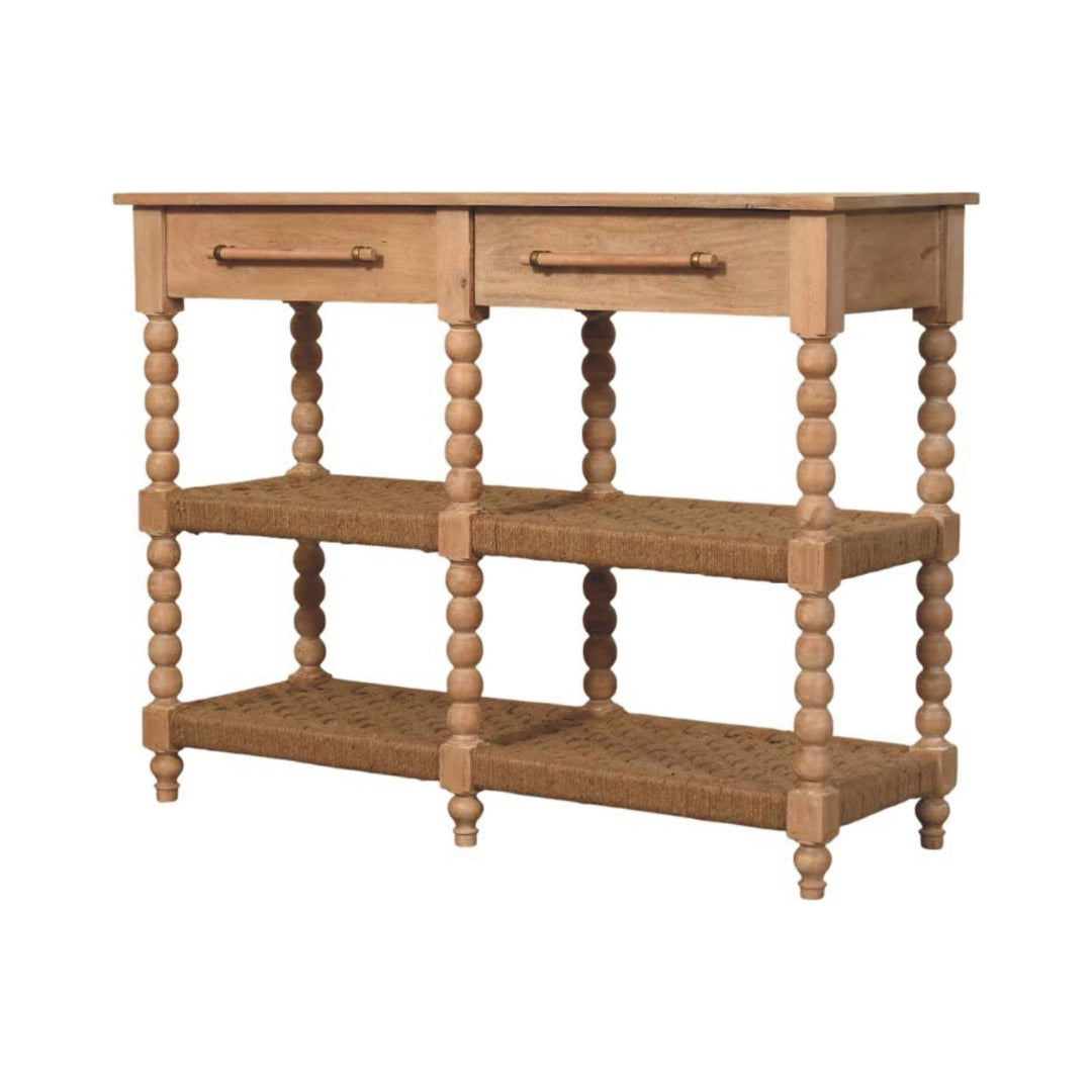 Brown Lacquered Stone Driftwood Solid Mango Wood Savoy Console with Woven Jute Shelves