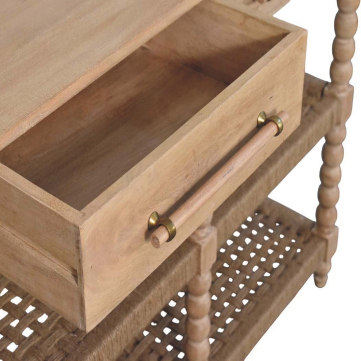 Brown Lacquered Stone Driftwood Solid Mango Wood Savoy Console with Woven Jute Shelves