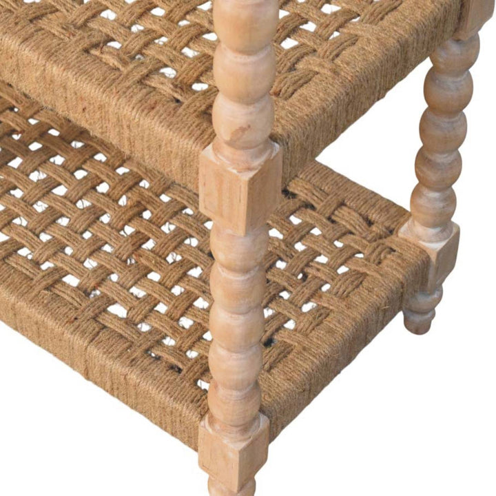 Brown Lacquered Stone Driftwood Solid Mango Wood Savoy Console with Woven Jute Shelves