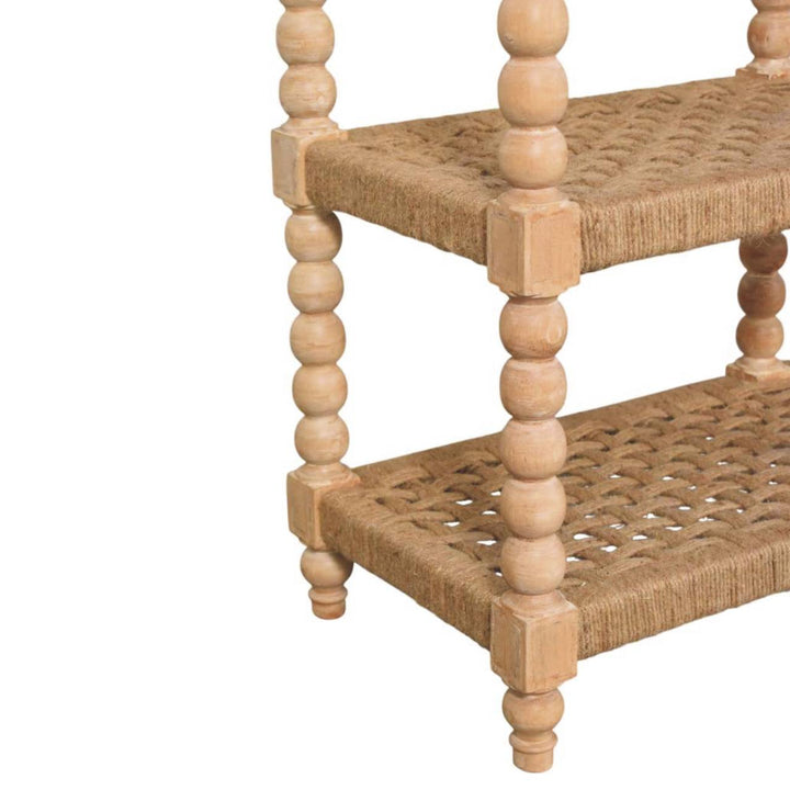 Brown Lacquered Stone Driftwood Solid Mango Wood Savoy Console with Woven Jute Shelves