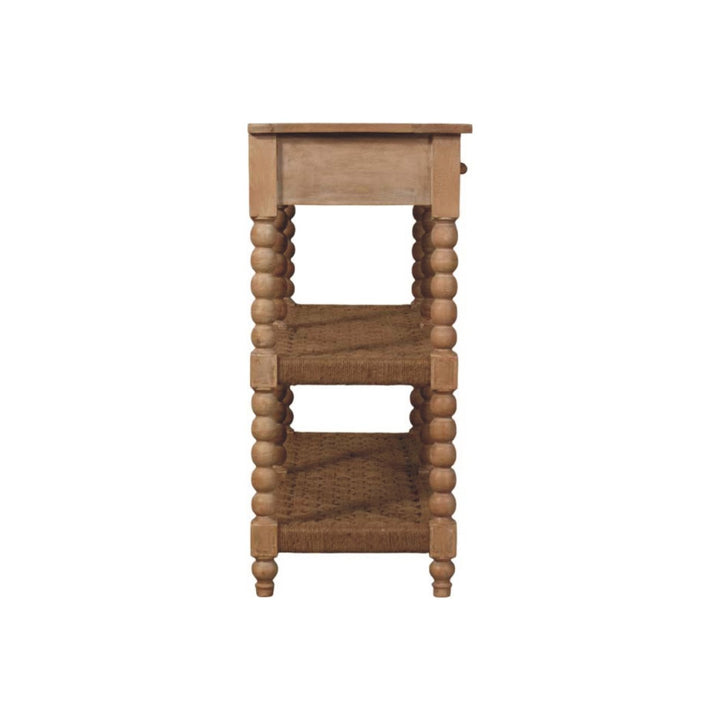 Brown Lacquered Stone Driftwood Solid Mango Wood Savoy Console with Woven Jute Shelves