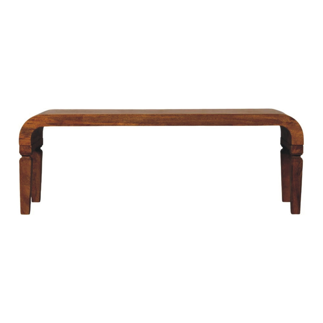 Brown Lacquered Amber Oak Solid Mango Wood Arcus Coffee Table with Rounded Legs & Sculpted Edges