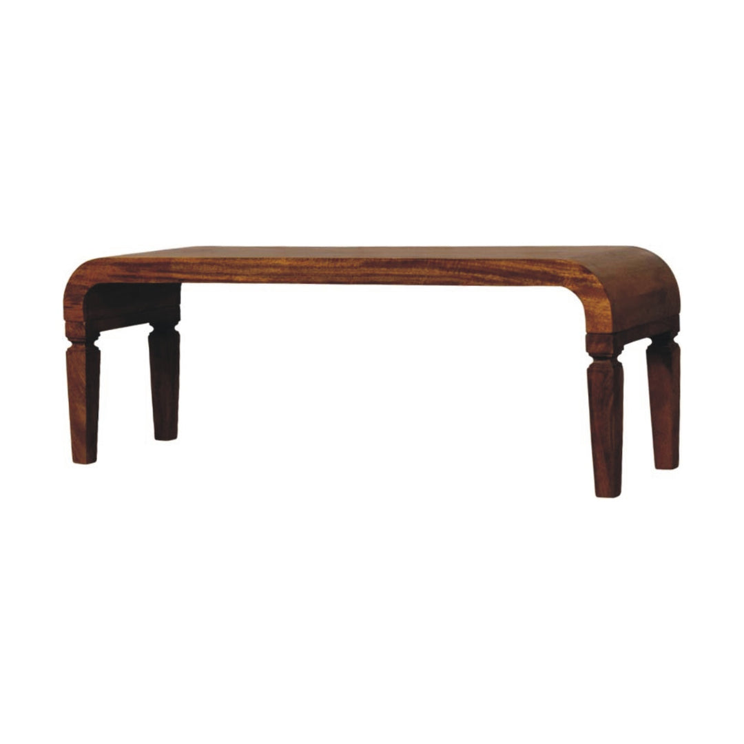 Brown Lacquered Amber Oak Solid Mango Wood Arcus Coffee Table with Rounded Legs & Sculpted Edges
