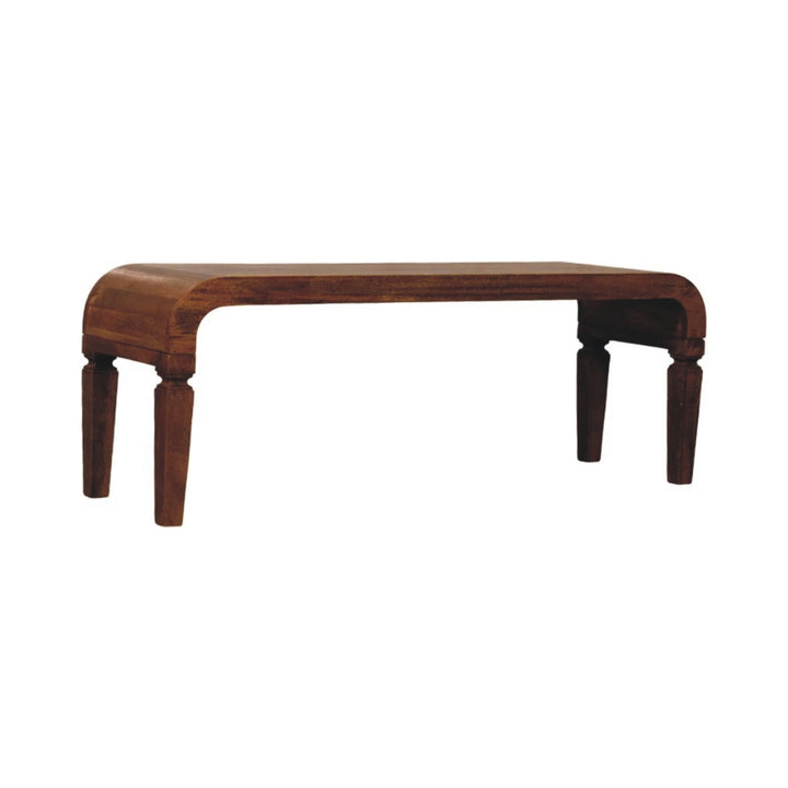 Brown Lacquered Amber Oak Solid Mango Wood Arcus Coffee Table with Rounded Legs & Sculpted Edges