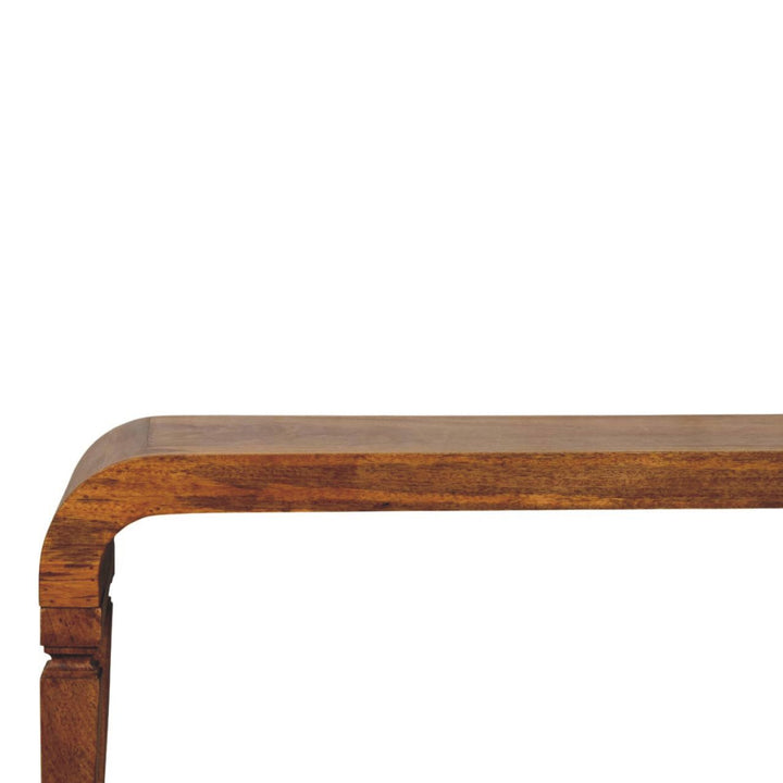 Brown Lacquered Amber Oak Solid Mango Wood Arcus Coffee Table with Rounded Legs & Sculpted Edges