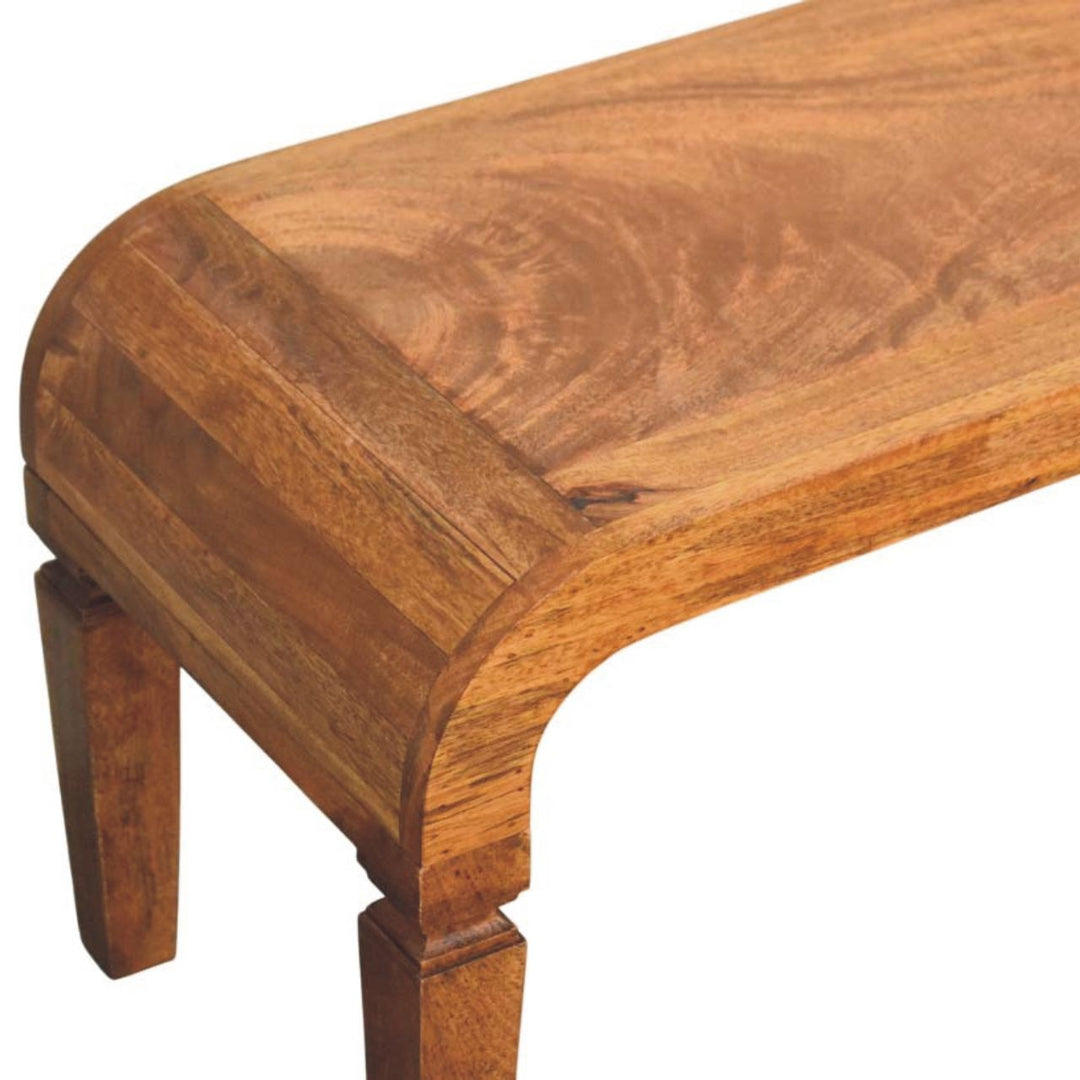 Brown Lacquered Amber Oak Solid Mango Wood Arcus Coffee Table with Rounded Legs & Sculpted Edges