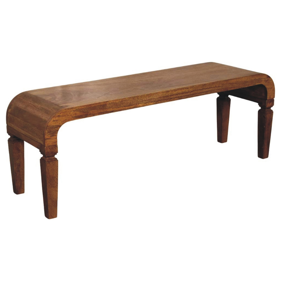 Brown Lacquered Amber Oak Solid Mango Wood Arcus Coffee Table with Rounded Legs & Sculpted Edges