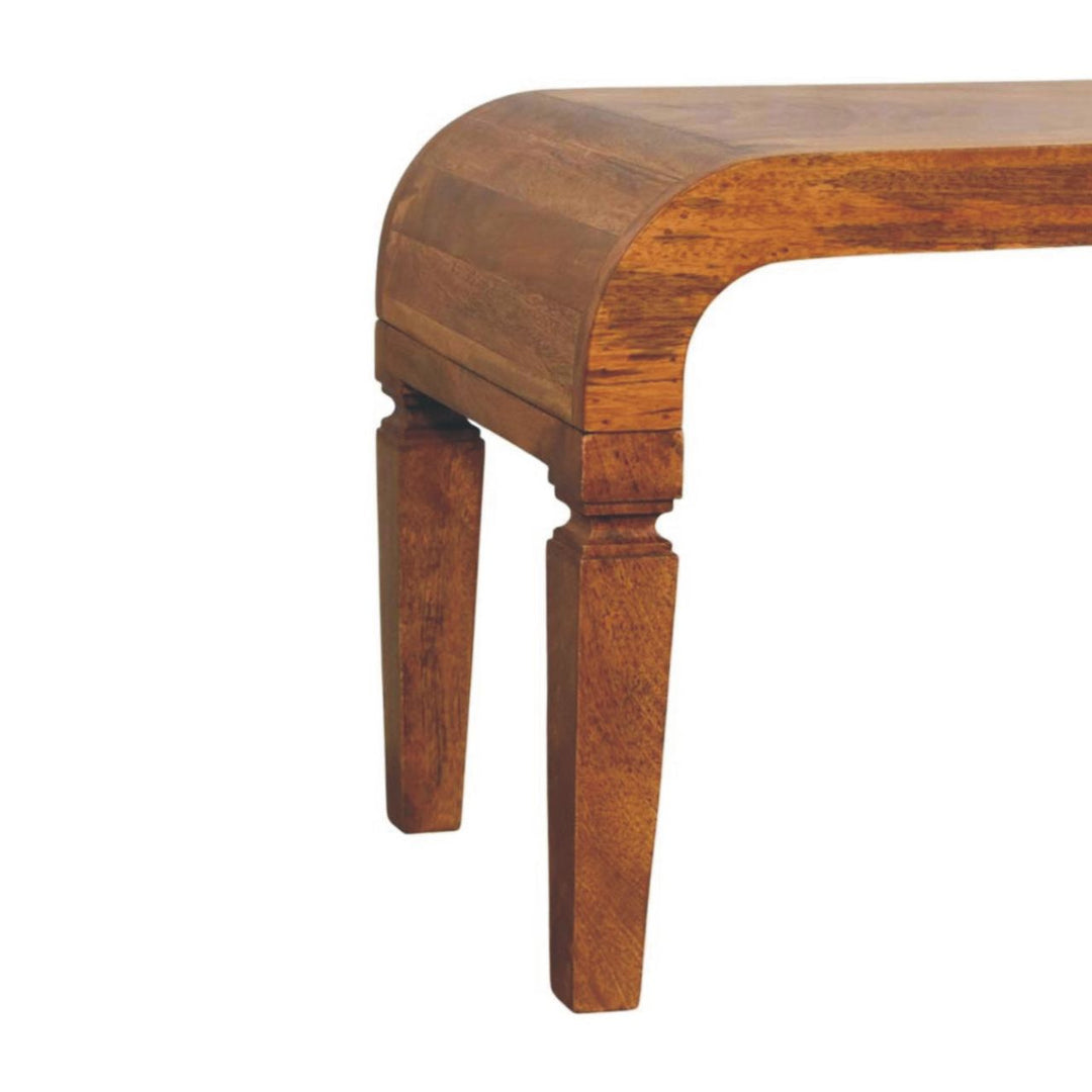 Brown Lacquered Amber Oak Solid Mango Wood Arcus Coffee Table with Rounded Legs & Sculpted Edges