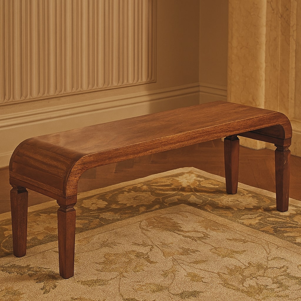 Brown Lacquered Amber Oak Solid Mango Wood Arcus Coffee Table with Rounded Legs & Sculpted Edges