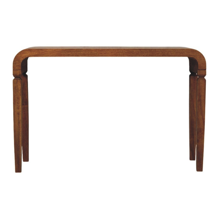 Brown Oak Veneer Solid Mango Wood Arcus Console Table with Square Legs & Curved Edges