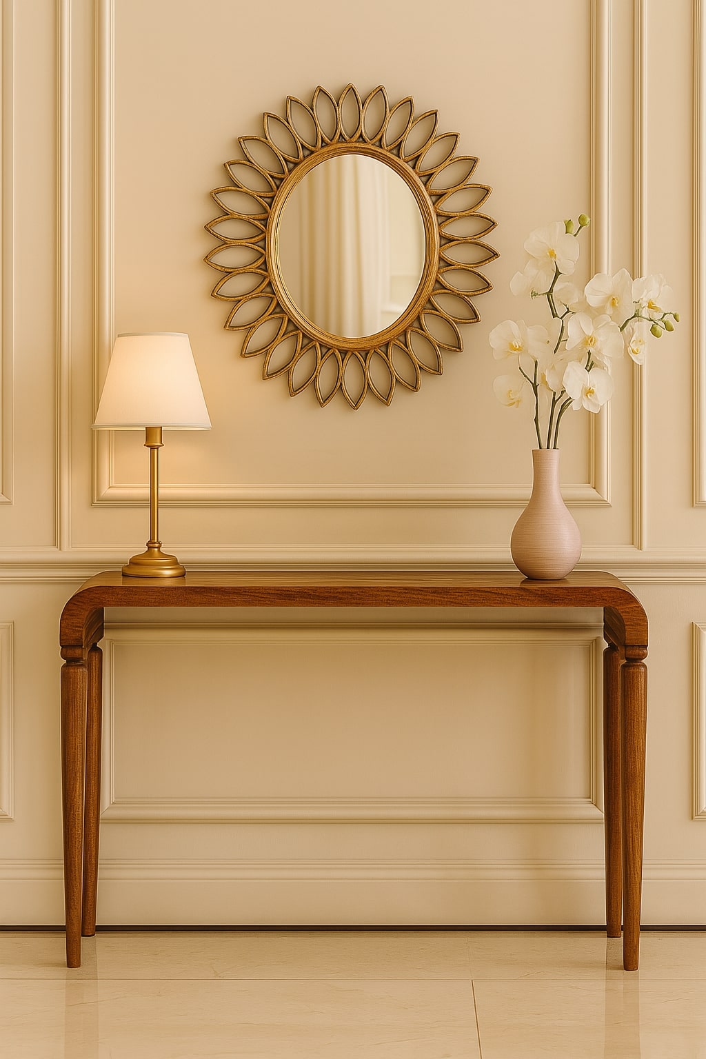 Brown Oak Veneer Solid Mango Wood Arcus Console Table with Square Legs & Curved Edges