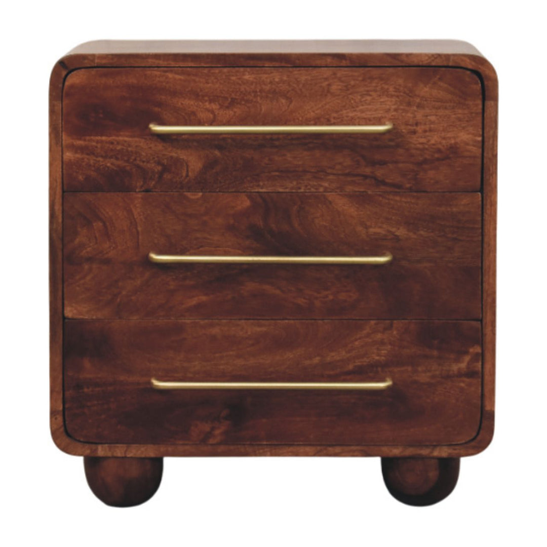 Solid Mango Wood Cadiz Carved Chest of Drawers with 3 Geometric-Front Drawers & Tapered Legs | Golden Teak Finish | 55 x 30 x 57 cm