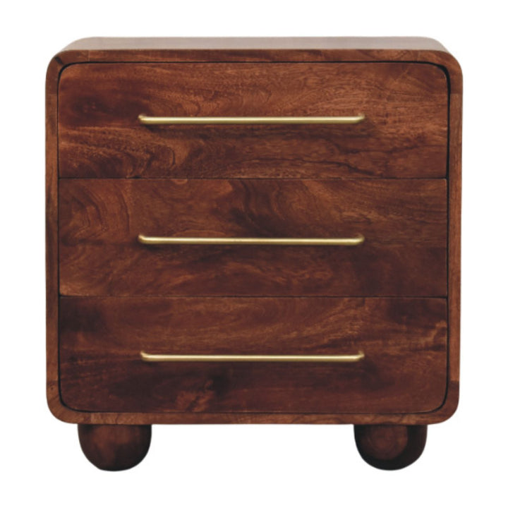Solid Mango Wood Cadiz Carved Chest of Drawers with 3 Geometric-Front Drawers & Tapered Legs | Golden Teak Finish | 55 x 30 x 57 cm