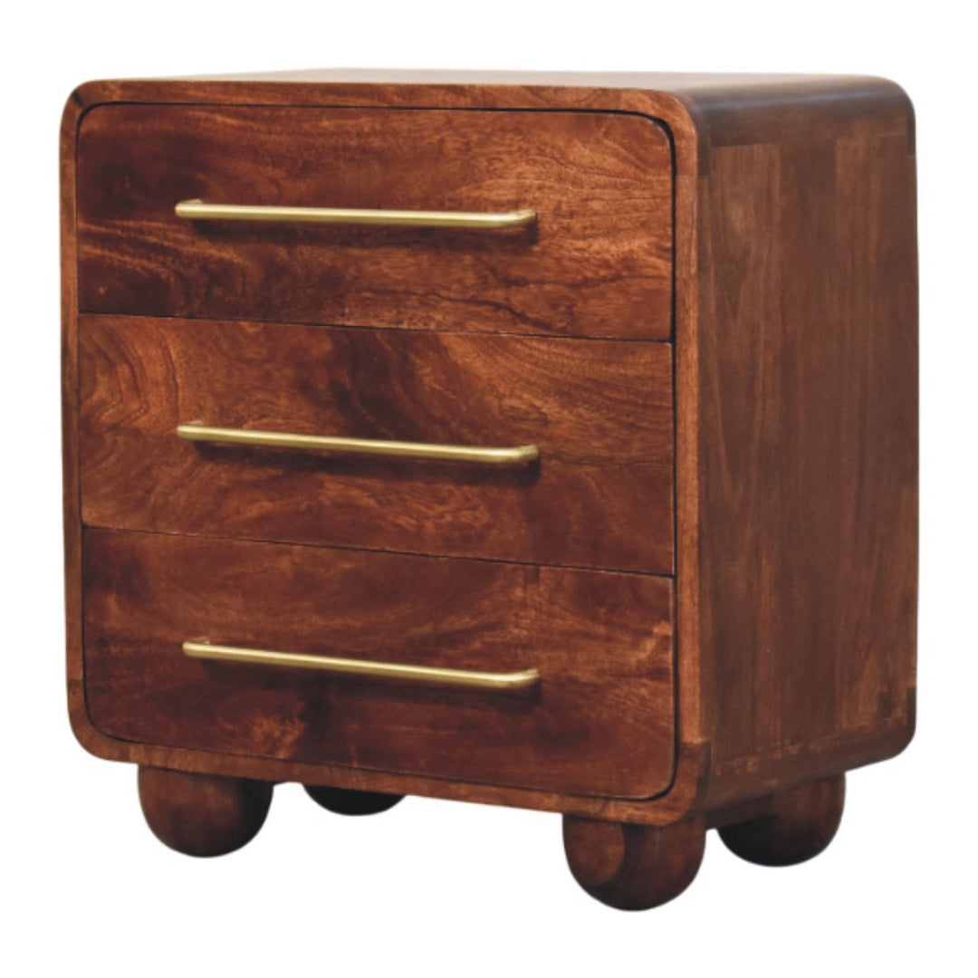 Solid Mango Wood Cadiz Carved Chest of Drawers with 3 Geometric-Front Drawers & Tapered Legs | Golden Teak Finish | 55 x 30 x 57 cm
