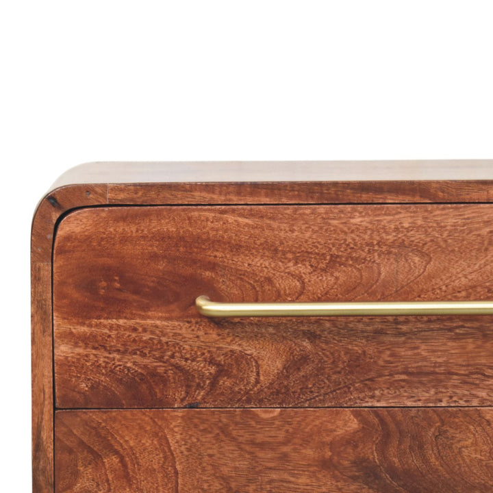 Solid Mango Wood Cadiz Carved Chest of Drawers with 3 Geometric-Front Drawers & Tapered Legs | Golden Teak Finish | 55 x 30 x 57 cm