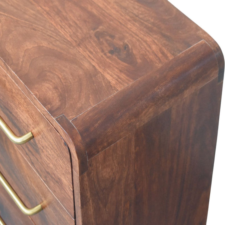 Solid Mango Wood Cadiz Carved Chest of Drawers with 3 Geometric-Front Drawers & Tapered Legs | Golden Teak Finish | 55 x 30 x 57 cm