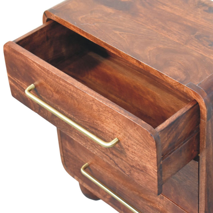 Solid Mango Wood Cadiz Carved Chest of Drawers with 3 Geometric-Front Drawers & Tapered Legs | Golden Teak Finish | 55 x 30 x 57 cm